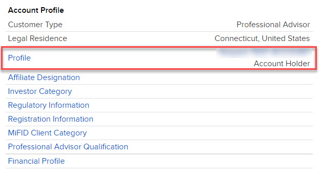 The account profile panel in advisor portal. 